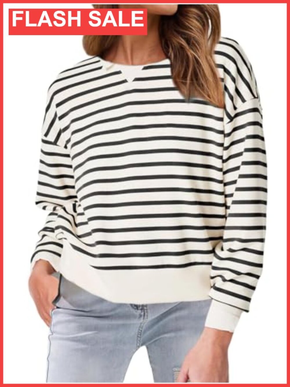 Striped Crewneck Long Sleeve Cropped Sweatshirt Pullover Loose Fit Top